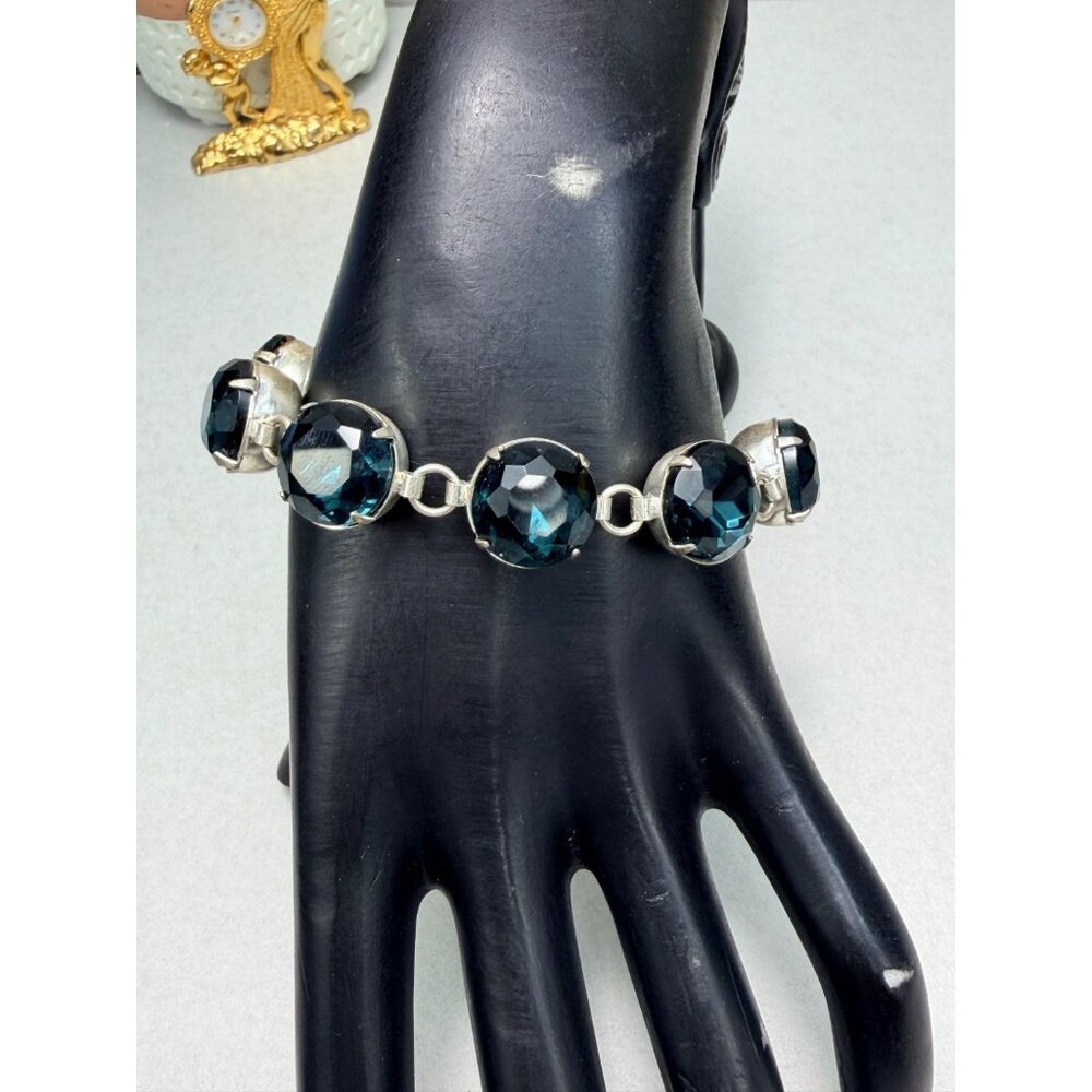 Deep Blue Crystal Rivière Bracelet Silver Tone Adjustable
